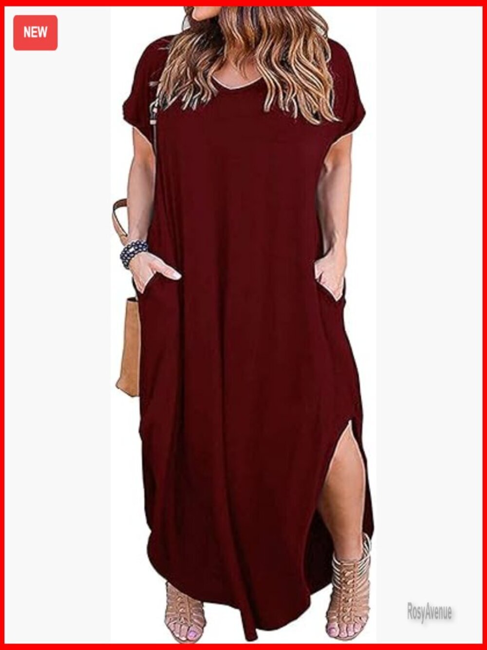 Plus Size Maxi Dress Loose Fit Short Sleeve V Neck Side Pockets Summer Casual